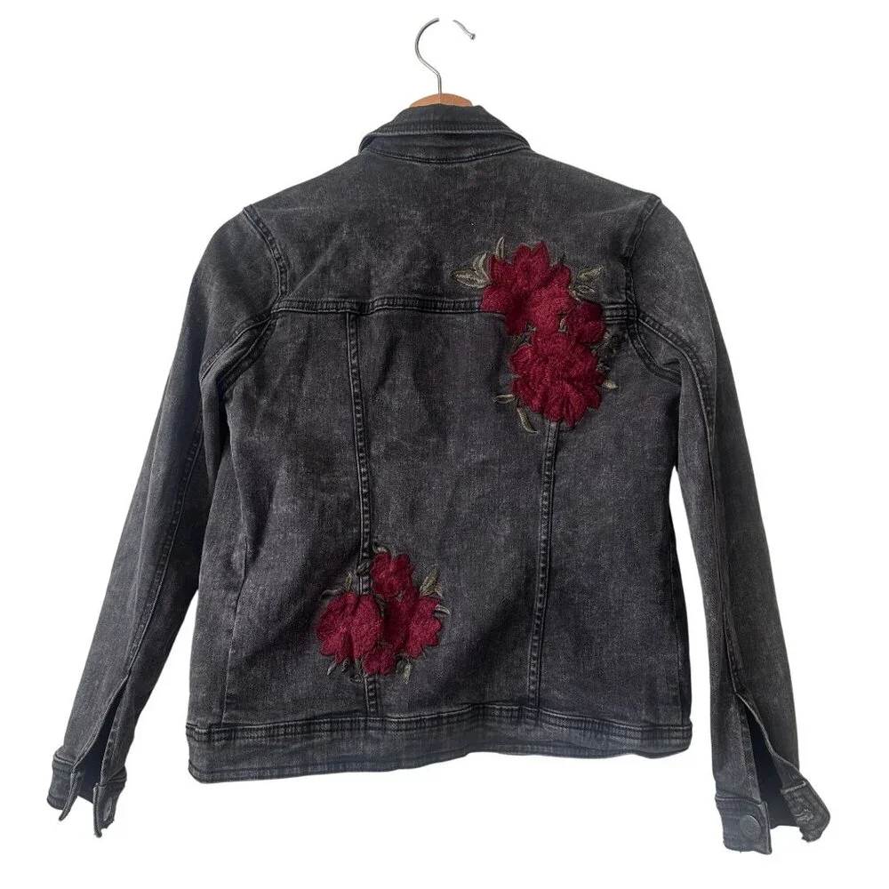 Aeropostale Black Denim Jacket XS With Red Floral Embroidery Button-Down - Picture 3 of 8